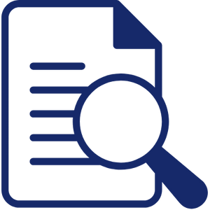 Research_icon blue icon of a document with magnifying glass over it indicating research