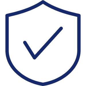 Safe_icon navy blue icon of a safe shield with checkmark in the center