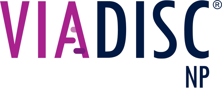 Via DISC NP written logo in magenta and navy blue